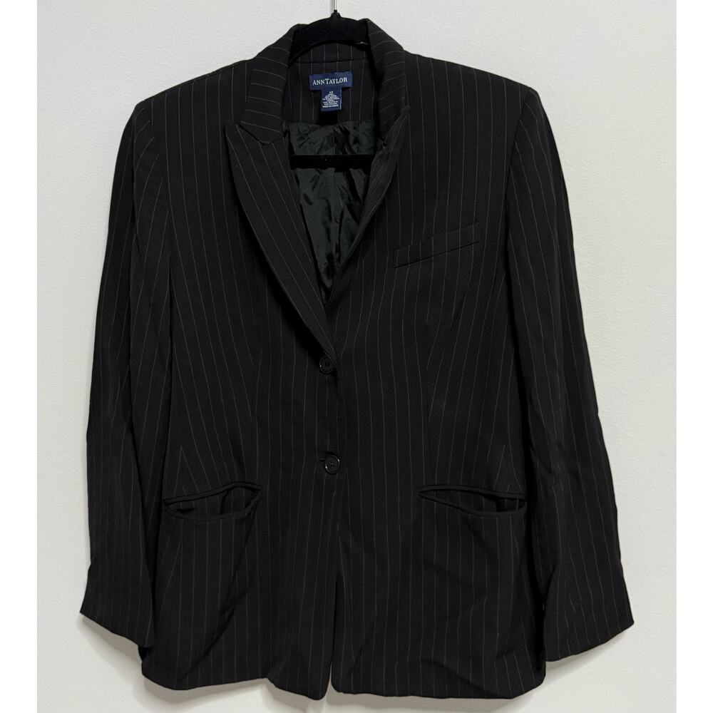 Ann Taylor size 12 black blazer grey pin stripe 69% wool professional 2 button